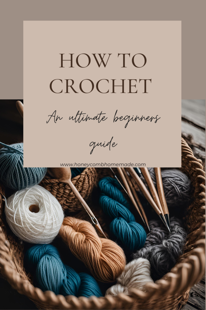 How to crochet: an ultimate guide for beginners. Basket of yarn and crochet hooks.