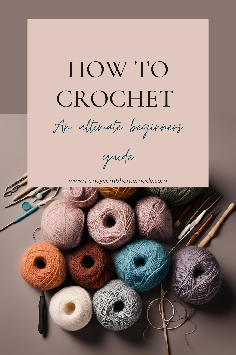 How to crochet. Yarn at the bottom of the image with crochet hooks