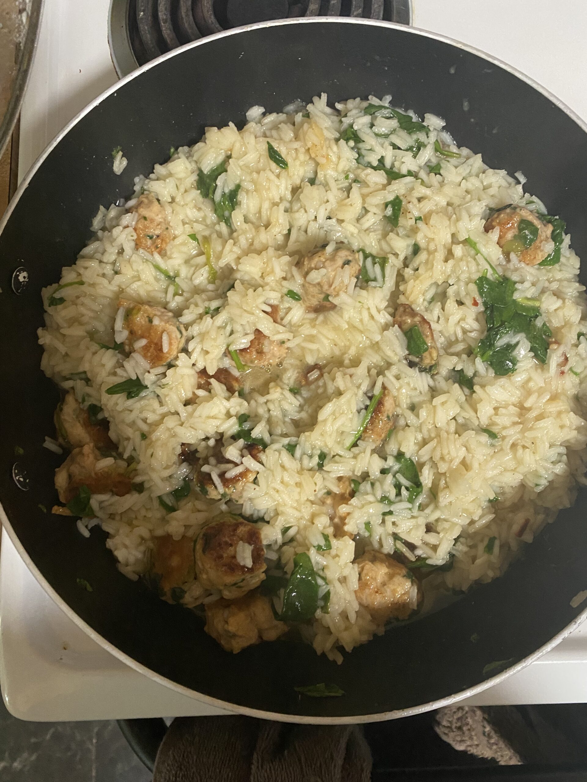 sweet Italian sausage meatballs and cheesy rice